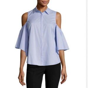 Cold Shoulder 3/4 Sleeve Button-Front Sriped Shirt